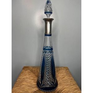 Decorative Cobalt Blue Glass Decanter With Solid Silver Rim.